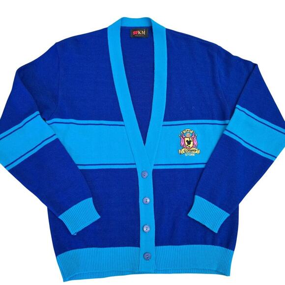 Vintage 90s Disney Men’s Cardigan Sweater Blue Embroidered Crest USA L Retro
